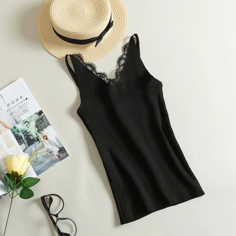 Lace Top V-neck Solid Knit Tank