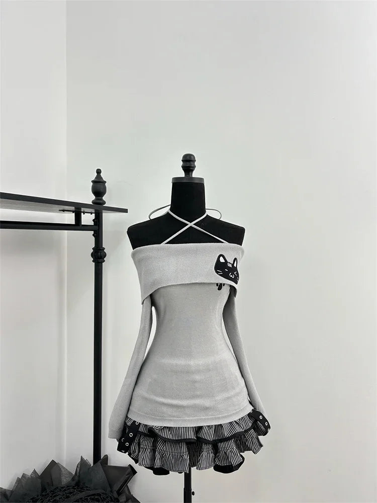 Cat Graphic Off-Shoulder Knit Top and Ruffled Skirt Two-Piece Set