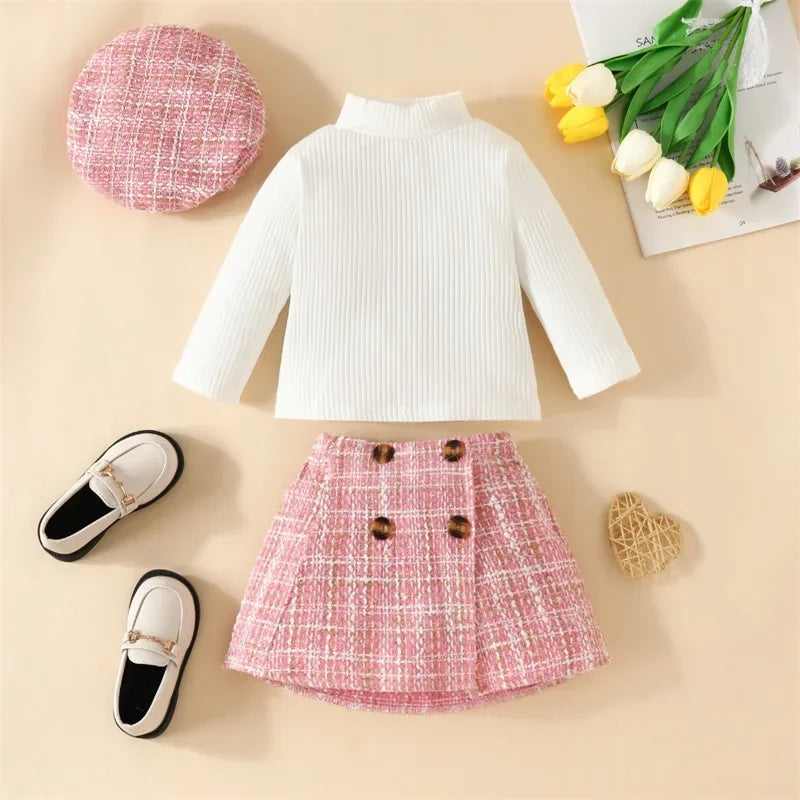 Long Sleeve Tops Plaid Pattern Skirt Beret 3 Piece Set
