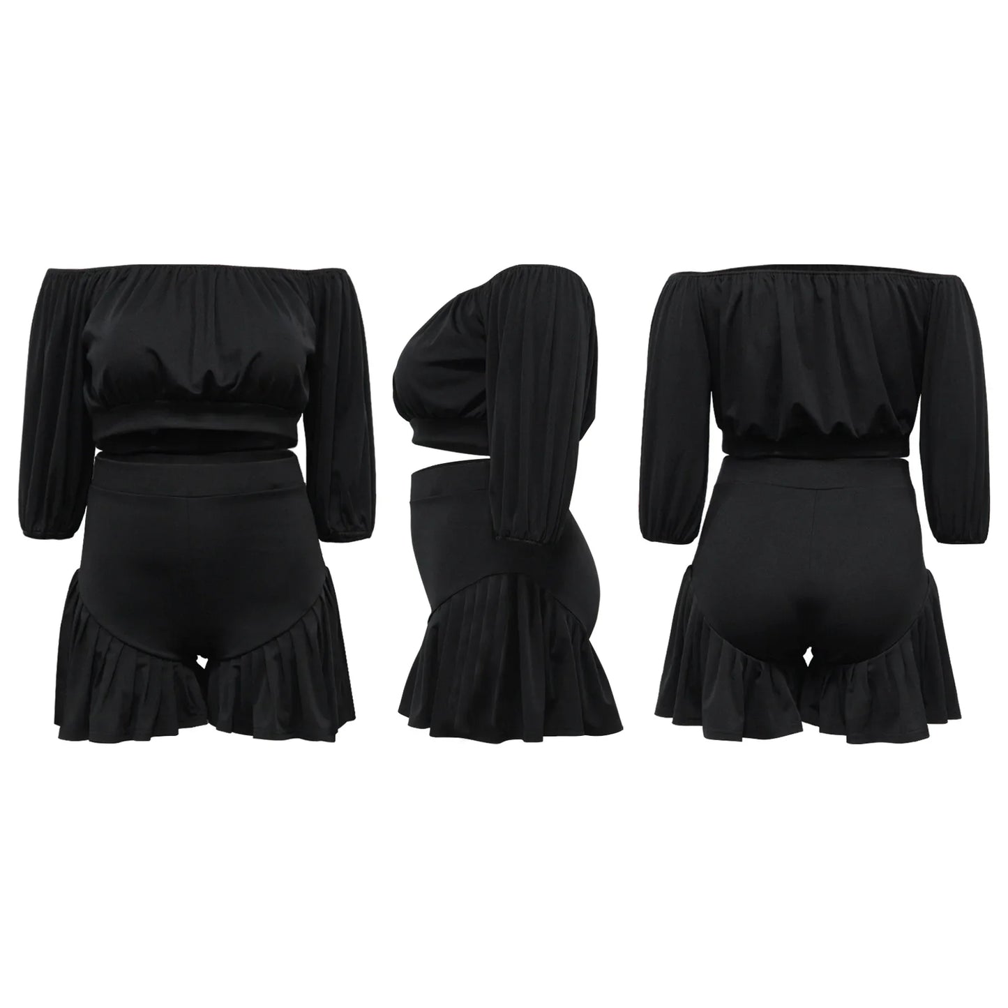 CM.YAYA Long Sleeve Slash Neck T-Shirt and Shorts Set