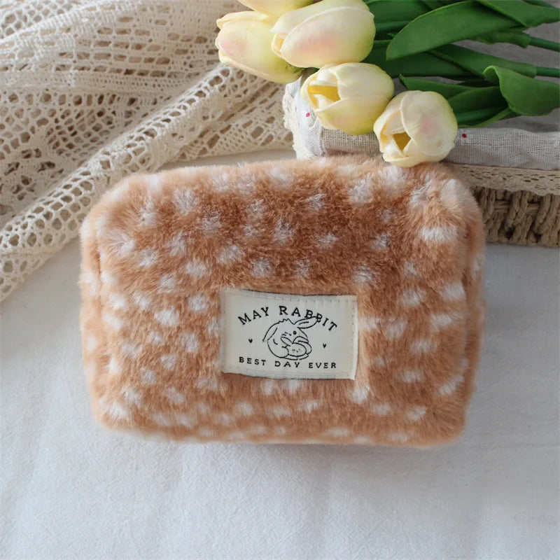 New Deer Patterned Plush Coin Purse Large Capacity Makeup Bag Travel Organizer Lipstick Case Pencil Case Sanitary Pad Pouch