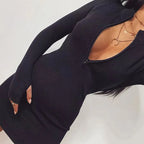 Solid Zipper Deep V-Neck Dress