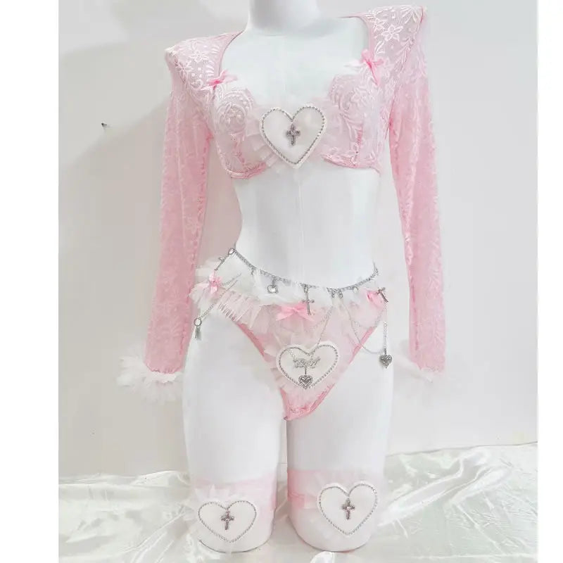 Pink Lace Heart & Cross Chain Lingerie Set