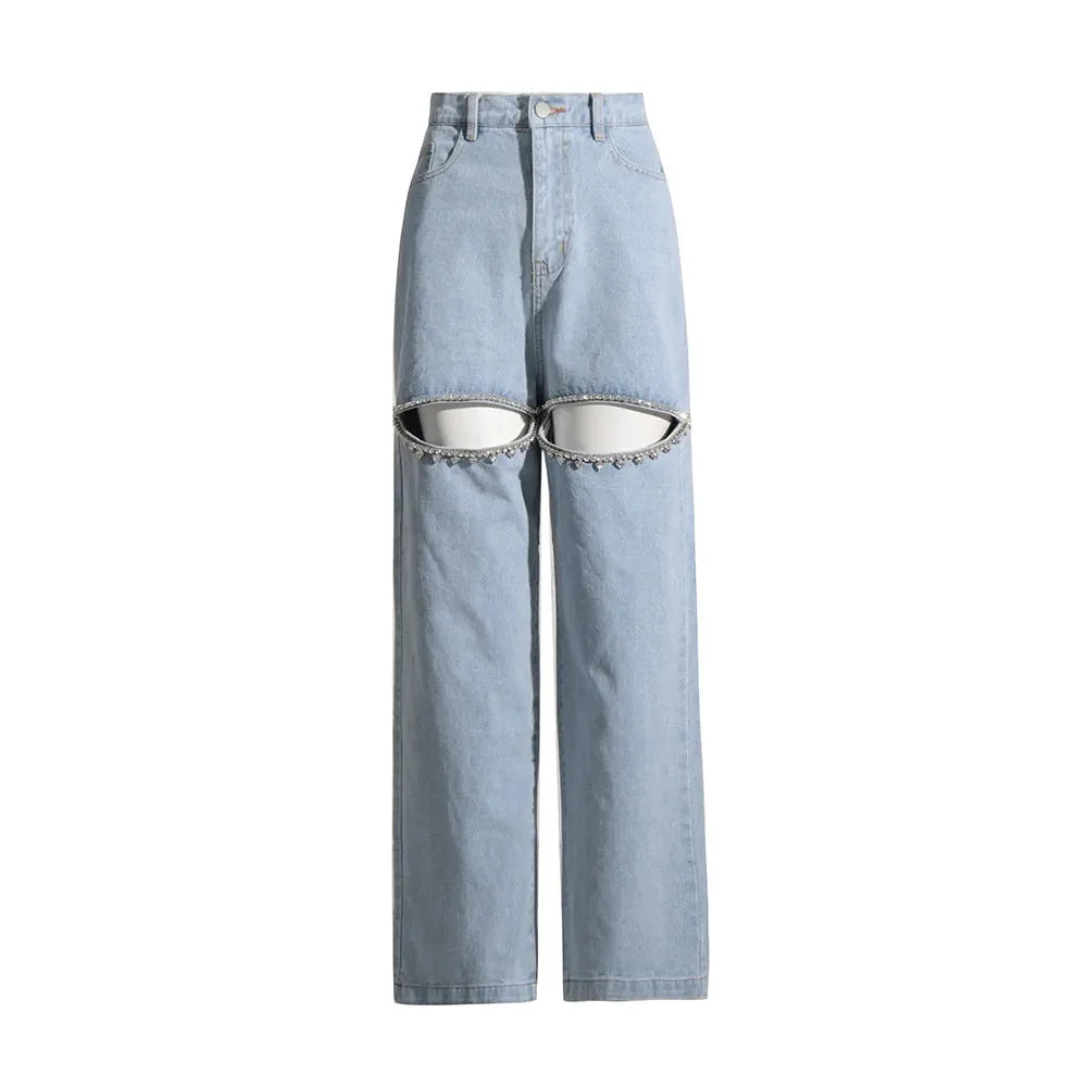 TWOTWINSTYLE Hollow Out Patchwork Diamonds Jeans