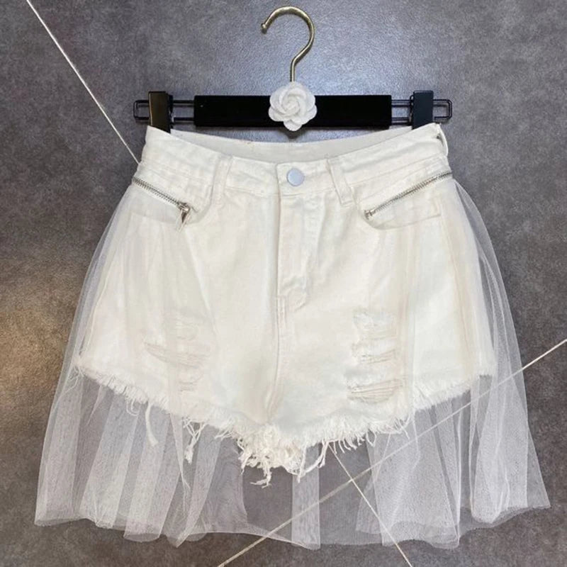 Black Mesh Panel Distressed Denim Shorts