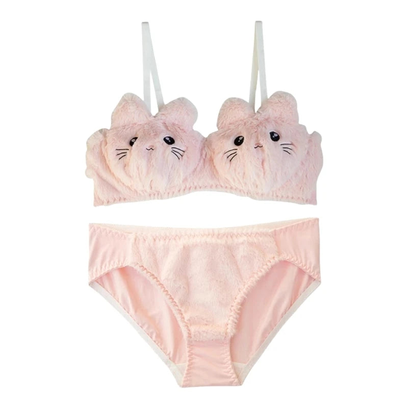 Cartoon Furry Panda Shape 2Pcs Women's Plush Bras and Panty Set Young Lady Japanese Lolita Style Underwear for Cosplay Party