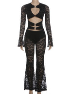 Hollow Ring Crop Tops + Flare Pants Set