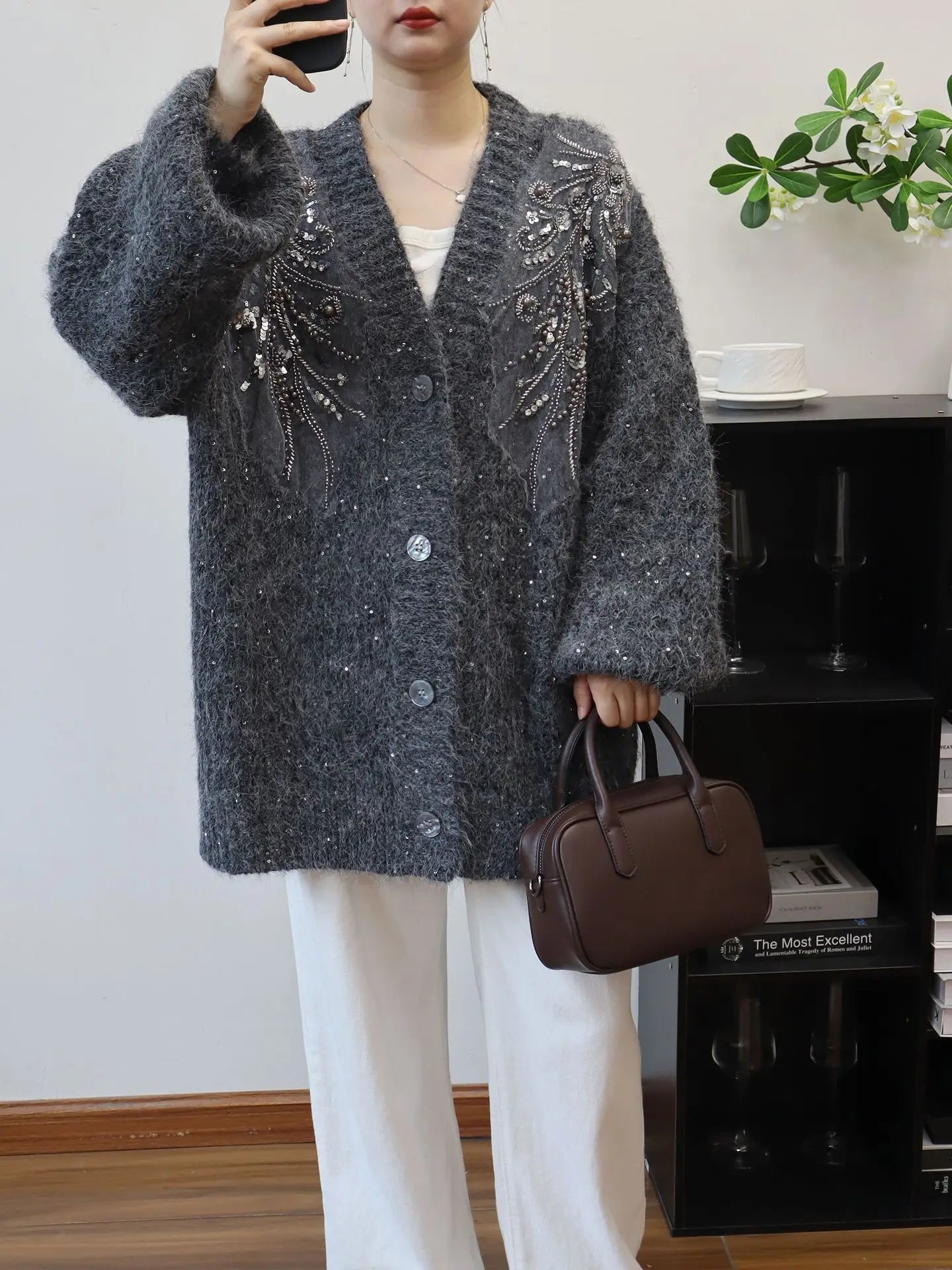 Knitted V Neck Sequins Cardigan