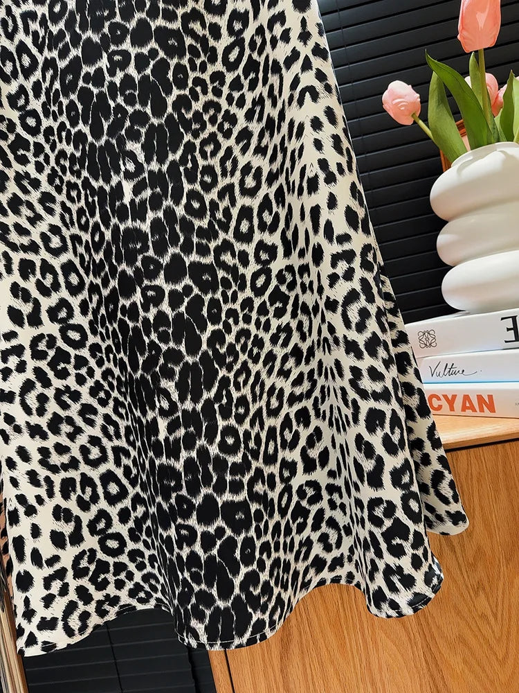 Leopard Print Elastic Waist Long Skirt