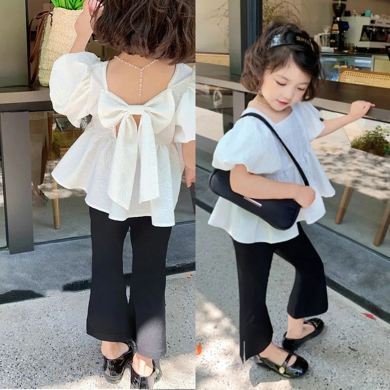 Bow Short Sleeve Sweet Square Neck Bubble Backless Top