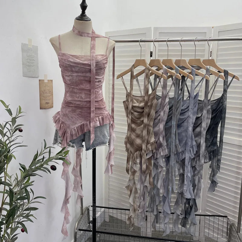 Plaid Printed Mesh Spaghetti Strap Camisole