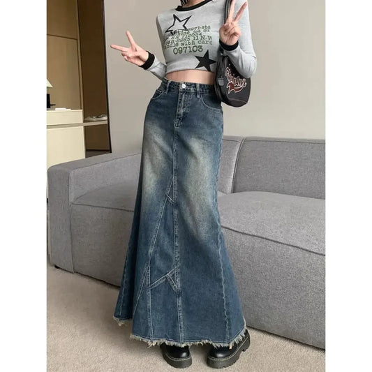 Washed Long Denim Maxi Skirt with Raw Raw-Hem & Patchwork Stitching