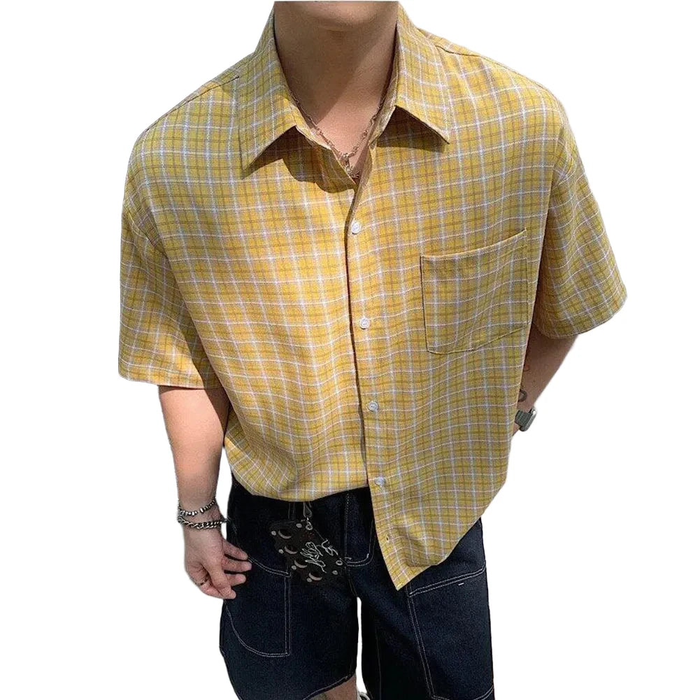 Plaid Lapel Short Sleeved Shirt
