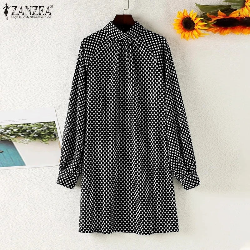 ZANZEA Turtle Neck Puff Sleeve Polka Dot Print Knee Length Dress