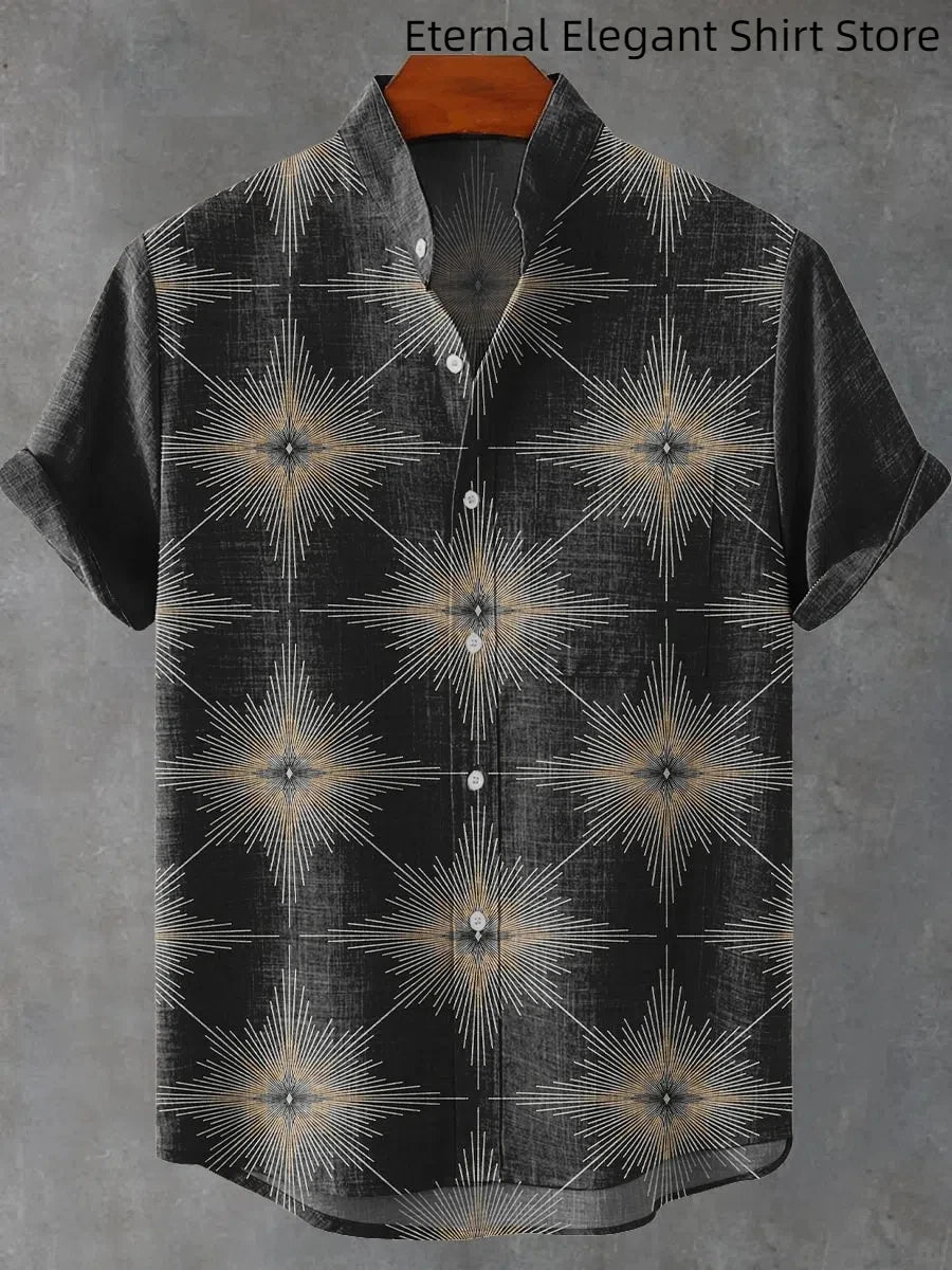 Pattern Printed Summer Comfortable Linen Short Sleeve Shirt