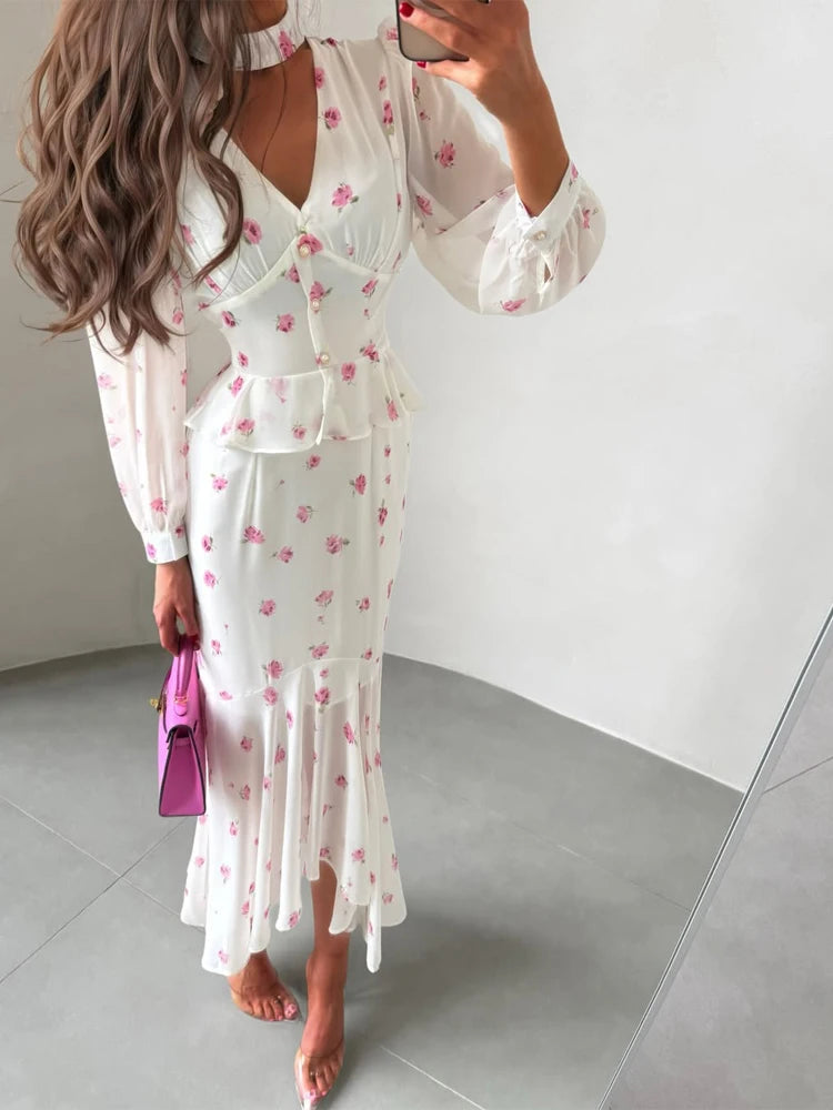 Floral Print V-Neck Peplum Top and Matching Fishtail Midi Skirt Set