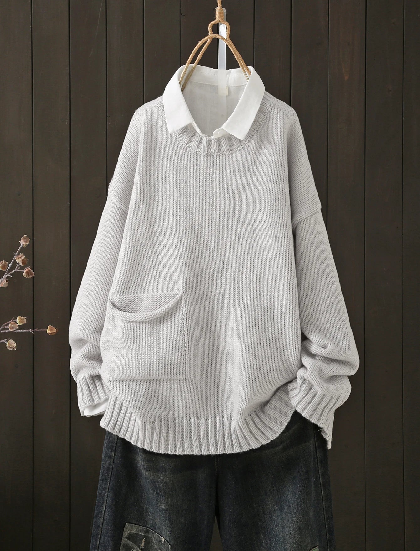 Crew Neck Long Sleeve Pullover Sweater with Side Pockets
