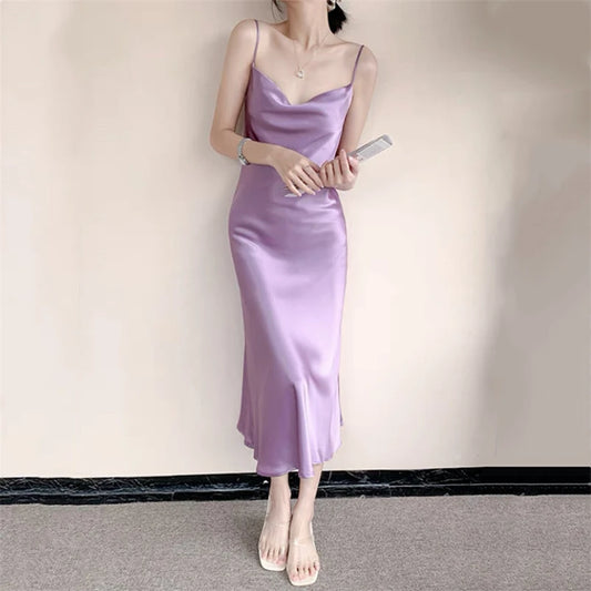Solid Ice Silk Spaghetti Strap Dress