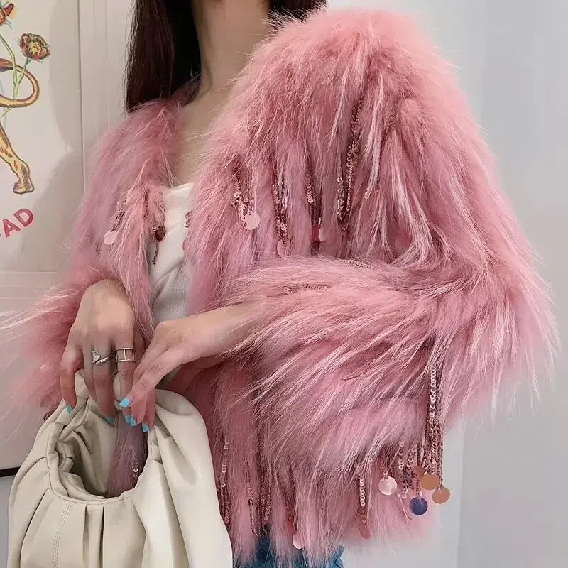 Faux Fox Fur Grass Sequined Tassels Coat