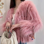 Faux Fox Fur Grass Sequined Tassels Coat