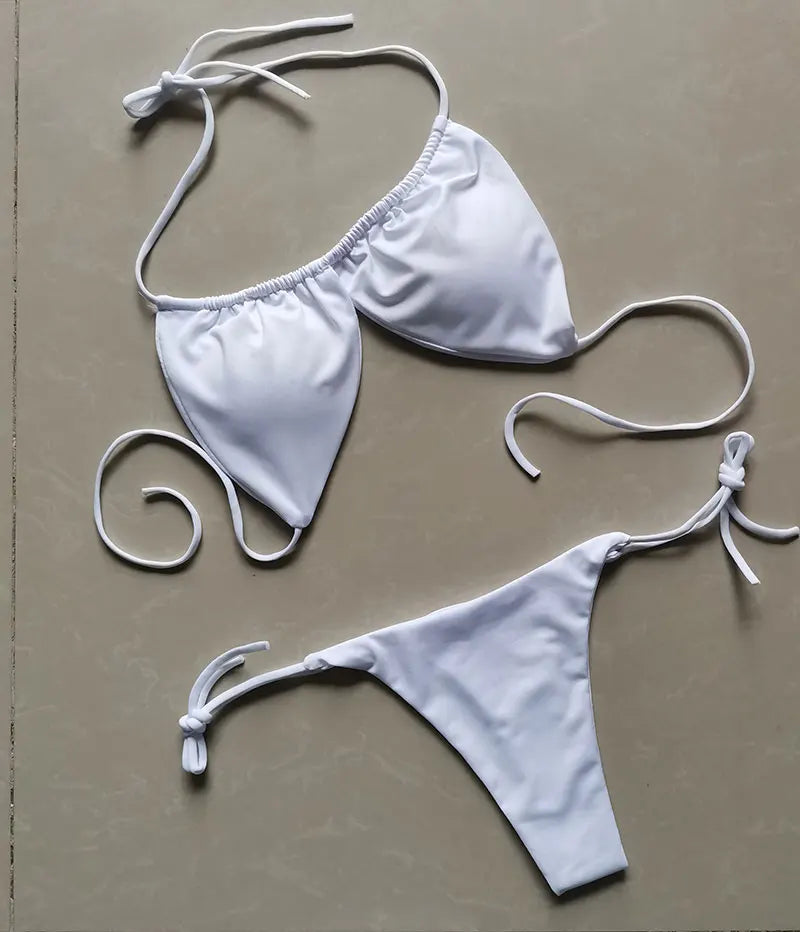 Solid Color Ruched String Bikini