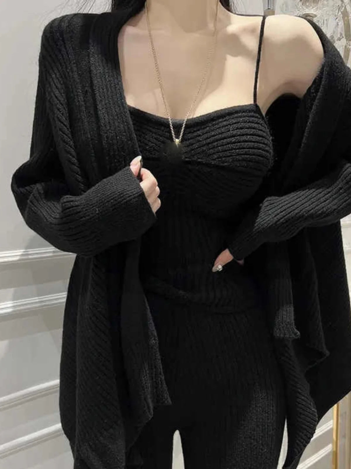 Knitted Sweater Cardigan High Waist Strap Vest Top Long Sleeve V-Neck Set