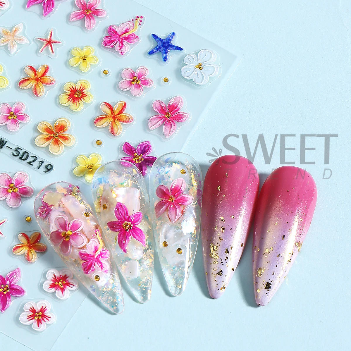 5D Summer Flowers Nail Embossed Stickers Pink Frangipani Hibiscus Five Petal Floral Starfish Decal DIY Tropical Manicure Sliders