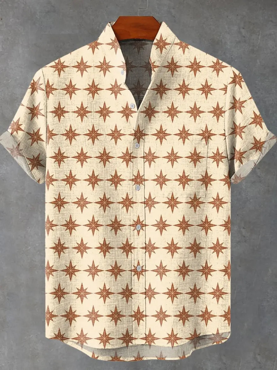 Pattern Printed Summer Comfortable Linen Short Sleeve Shirt