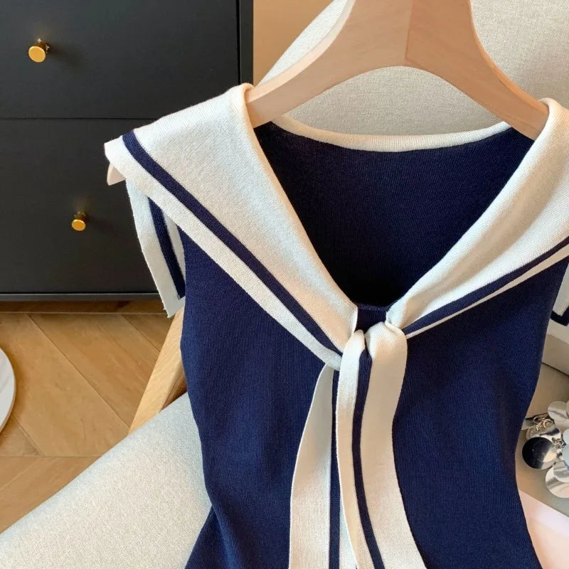 Sailor Collar Contrast Thin Knitted Tank