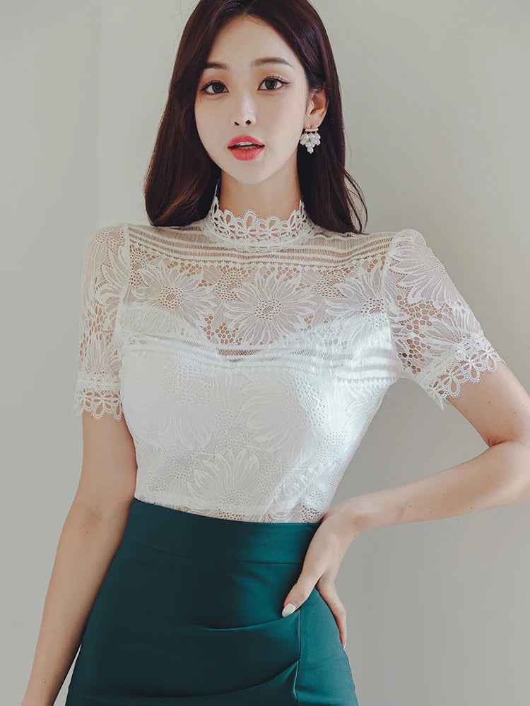 High-Neck Lace Short Sleeve Top and Emerald High-Waist Ruched Side-Slit Pencil Skirt with Floral Lace Panel Detail