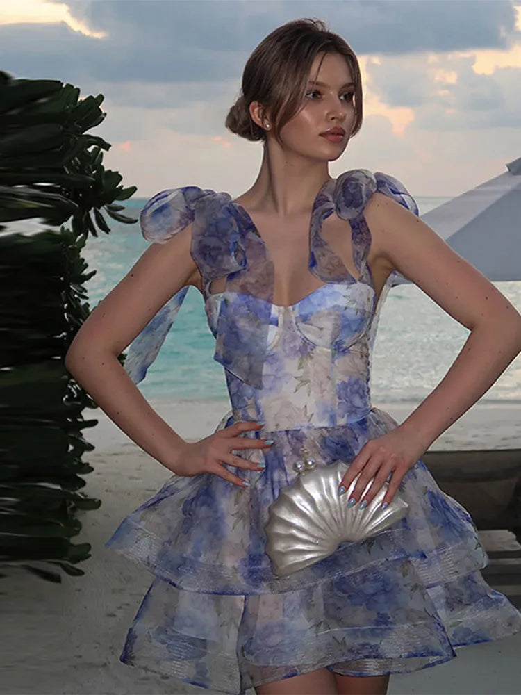 Print Flower Lace Up Ball Gown Mini Dress