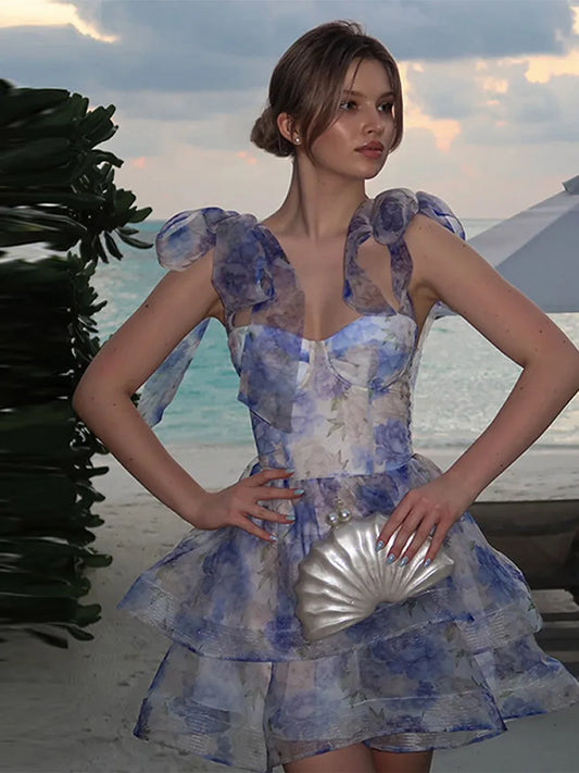 Print Flower Lace Up Ball Gown Mini Dress