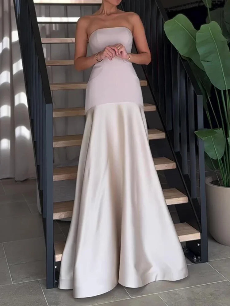 Strapless Drop-Waist Satin Maxi Gown