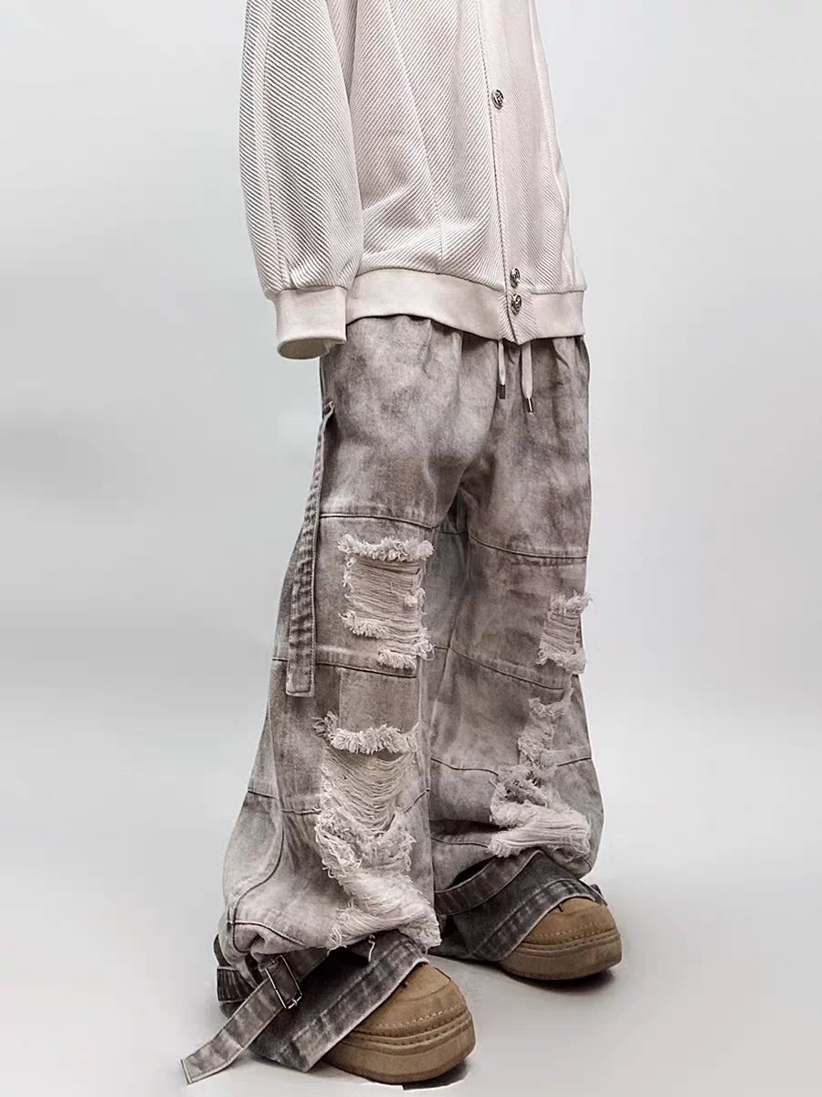 Wide-Leg Distressed Jeans with Patchwork Detail
