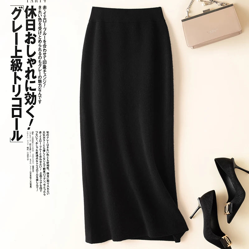 Straight Solid Elastic High Waist Knitted Skirt