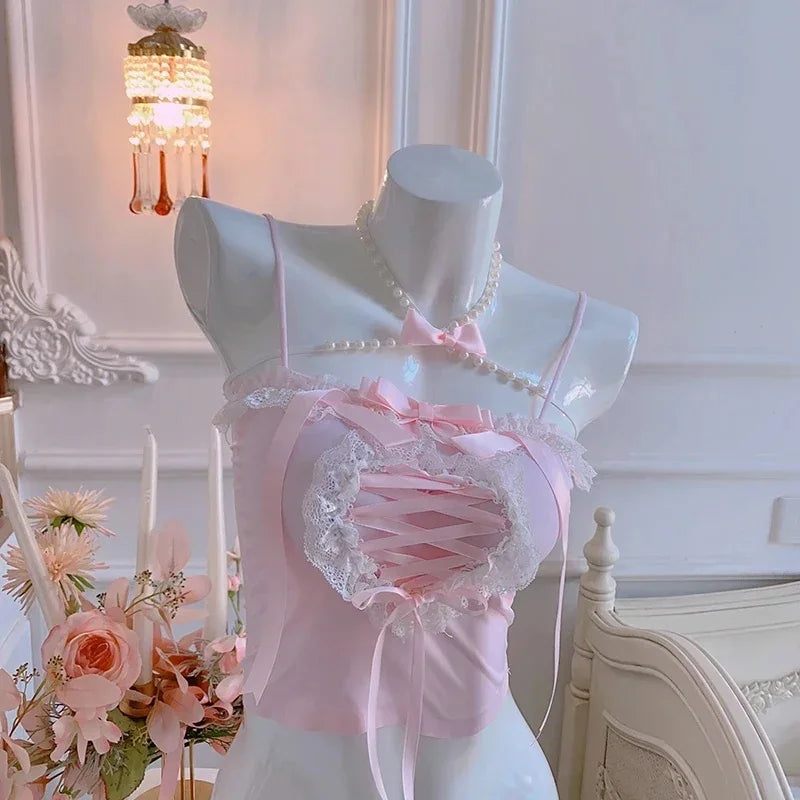 Lace Trim Heart Shaped Bow Decoration Top