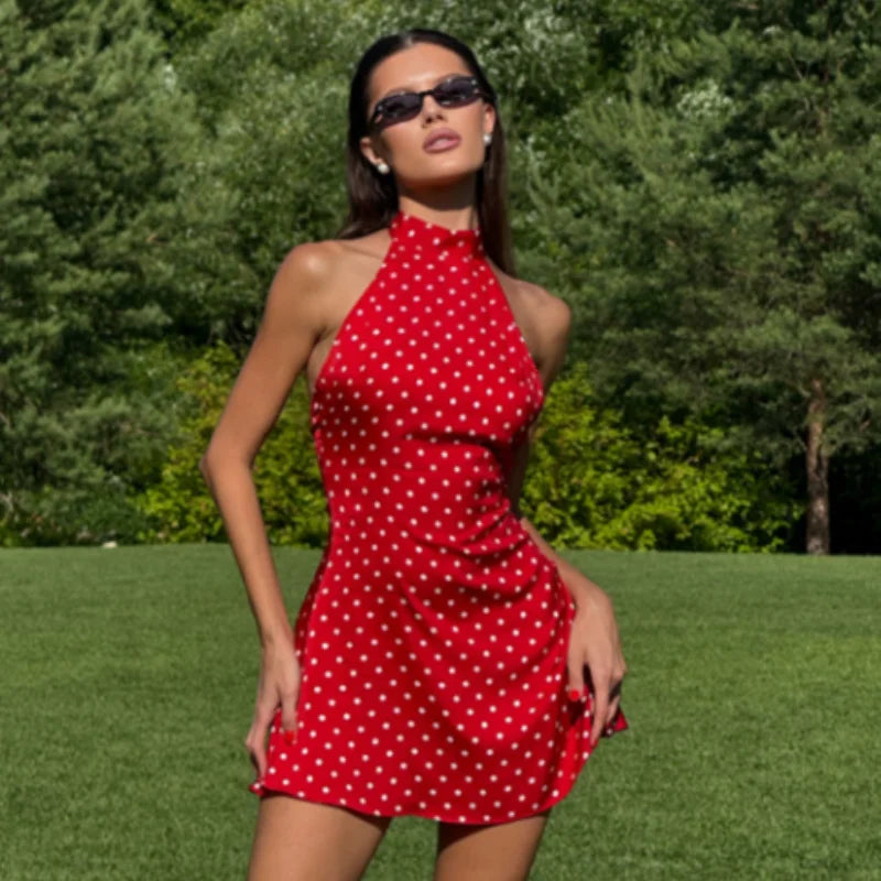 Chin.Sweety Polka Dots Print Halter Lace-up Dress
