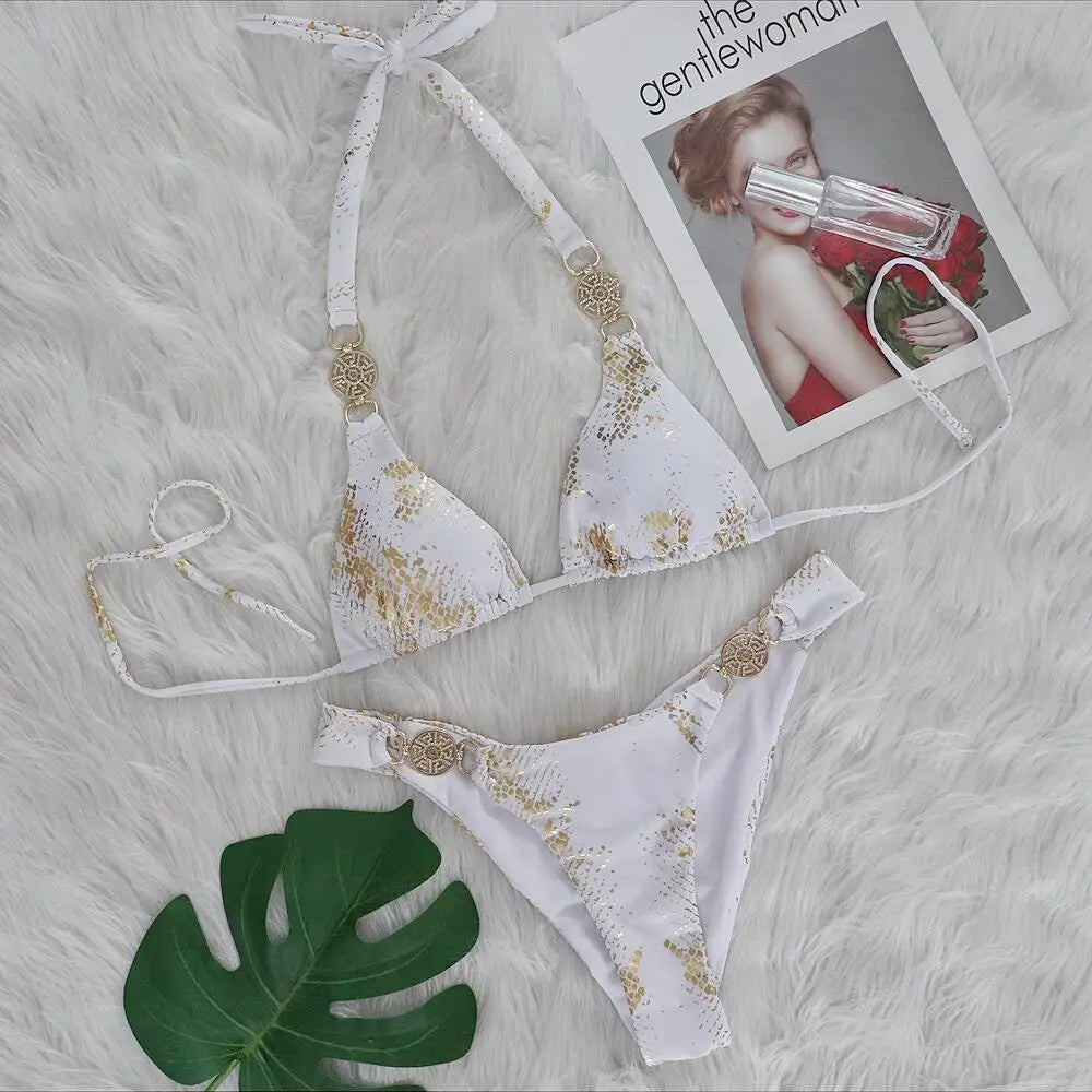 Snakeskin Print Halter Diamond Bikini