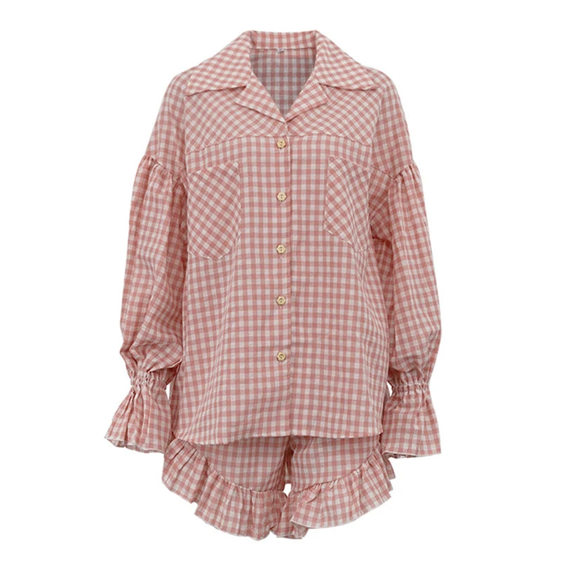 Women Elegant Two Piece Set Stripe Loose Shirt with High Waist Ruffled Shorts Spring Summer Casual Outfit Female Fashion