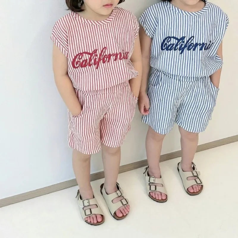 1～6歳 ベビー 男の子 ストライプ サマートラックスーツ 子供 レタープリント ノースリーブ 服セット ベビー 2点セット 韓国 夏 ファッション 服装