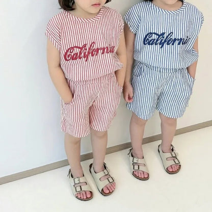 1～6歳 ベビー 男の子 ストライプ サマートラックスーツ 子供 レタープリント ノースリーブ 服セット ベビー 2点セット 韓国 夏 ファッション 服装