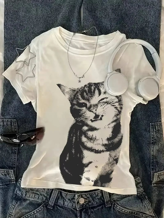 Cat Print Loose-fitting Tee