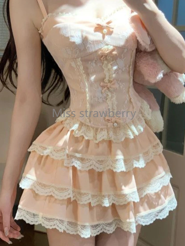 Bow Lace Sleeveless Sling + Elastic Waist Short Skirt Set
