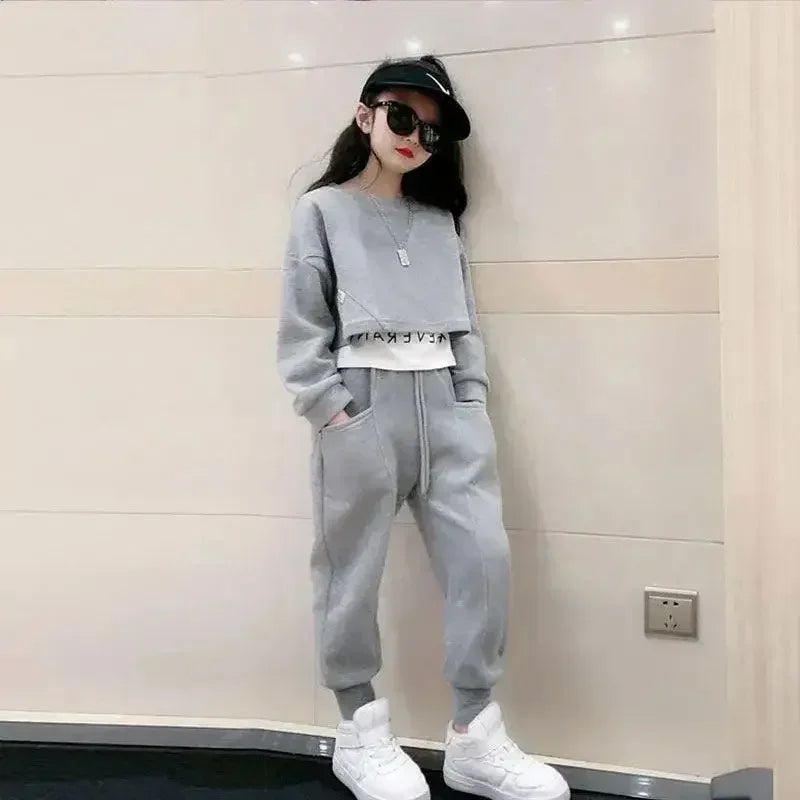 2025年ティーン向けグレイガールズスポーツスーツ春服長袖トップスウェットシャツパーカー＆パンツカジュアル6 7 8 9 10 11 12歳子供