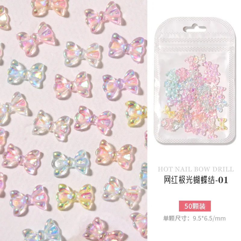 50PCS Aurora Acrylic 3D Nail Art Bow Charm For Nails Decoration Design Kawaii Manicure Accessories Bow-knot DIY Craft Supplies