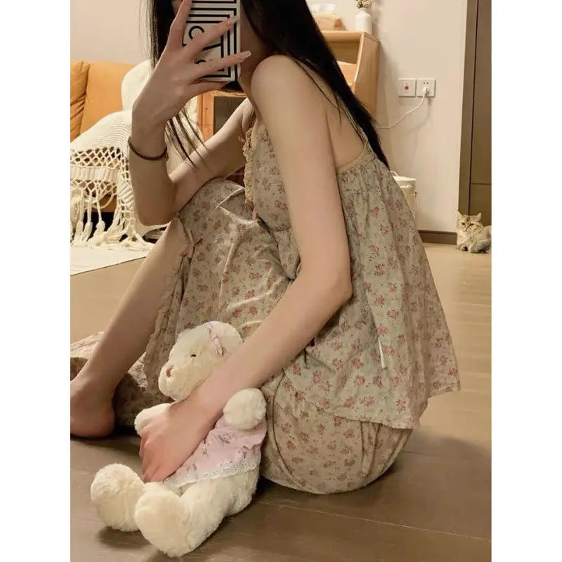 Pajamas Floral Trouser Suits Pajamas Woman Summer Home Wear 2 Pieces Sleep Tops + Pants Long Sleeve Nightie Pijamas Nightgown