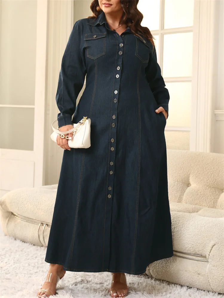 Denim Button Solid Maxi Dress