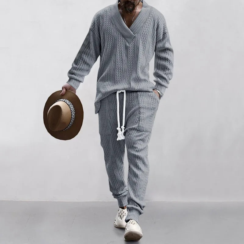 Casual Trousers V-Neck Versatile Jacquard Knitted Sweater Set