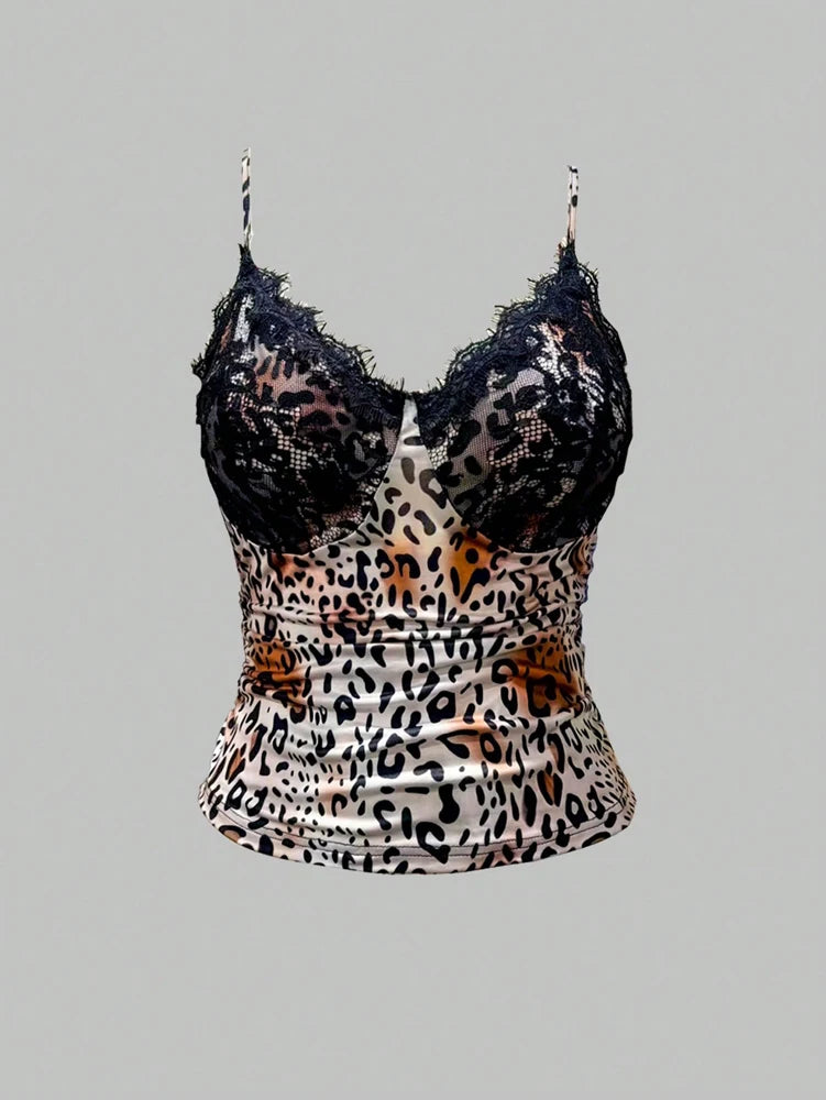 Leopard Lace Splicing Bowknot Camisole Top