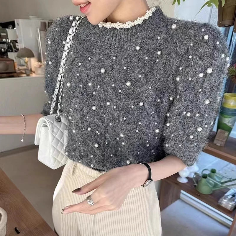 Bubble Sleeve Knitwear Round Neck Short Sleeve Sweater Top
